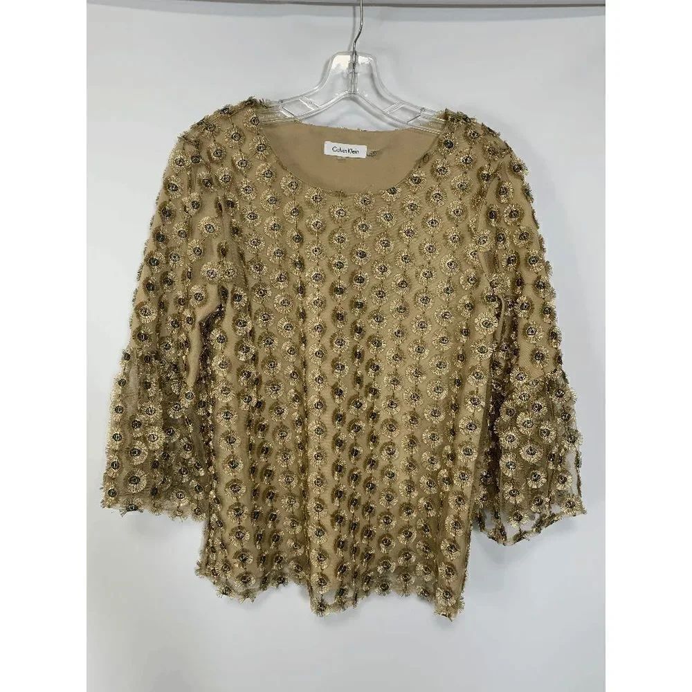 Calvin Klein Womens Blouse Embellished Circle Quarter Sleeve Brown Small
